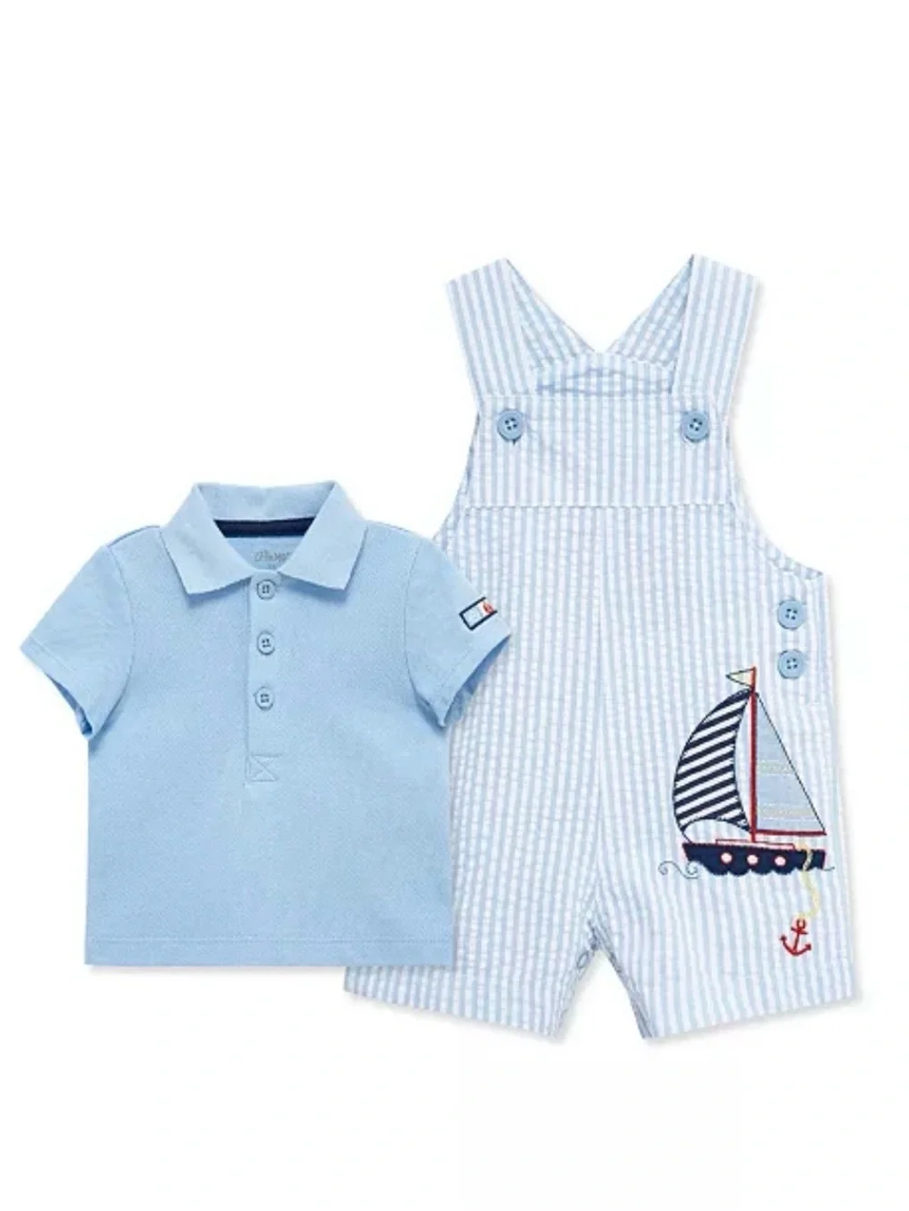 Little Me Baby Boys' Sailboat Printed Shortall and Polo Shirt, 2-Piece Set
